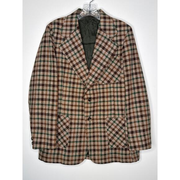 Vintage 1970s Brown Green Plaid Checked Women’s Blazer Jacket medium - Picture 14 of 15